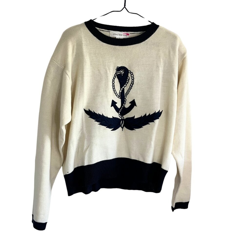 Vintage Jones New York Cream Lambswool Nautical Anchor Knit Crew Neck Sweater